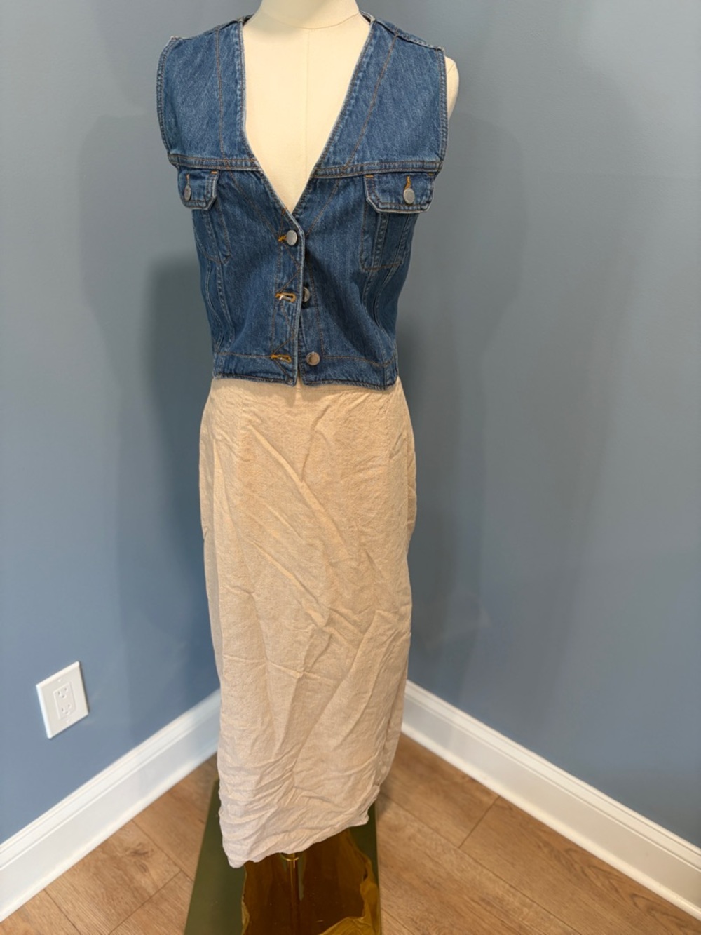 Old Navy Linen Blend Midi Skirt Beige Neutral Minimalist Elastic Waist Size M - Picture 3 of 7
